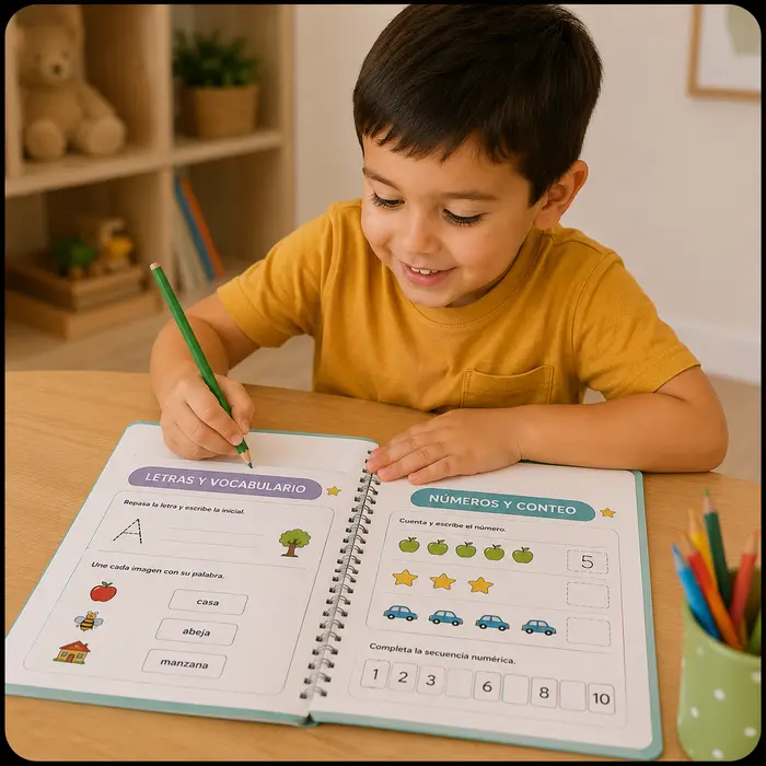 Niño completando actividades de letras y números del libro
