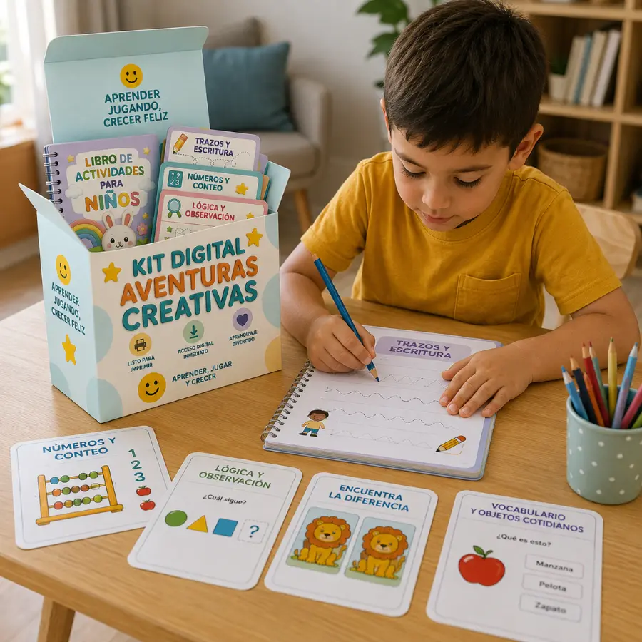 Niño usando el Kit de Aventuras Creativas Imprimible con sus fichas imprimibles
