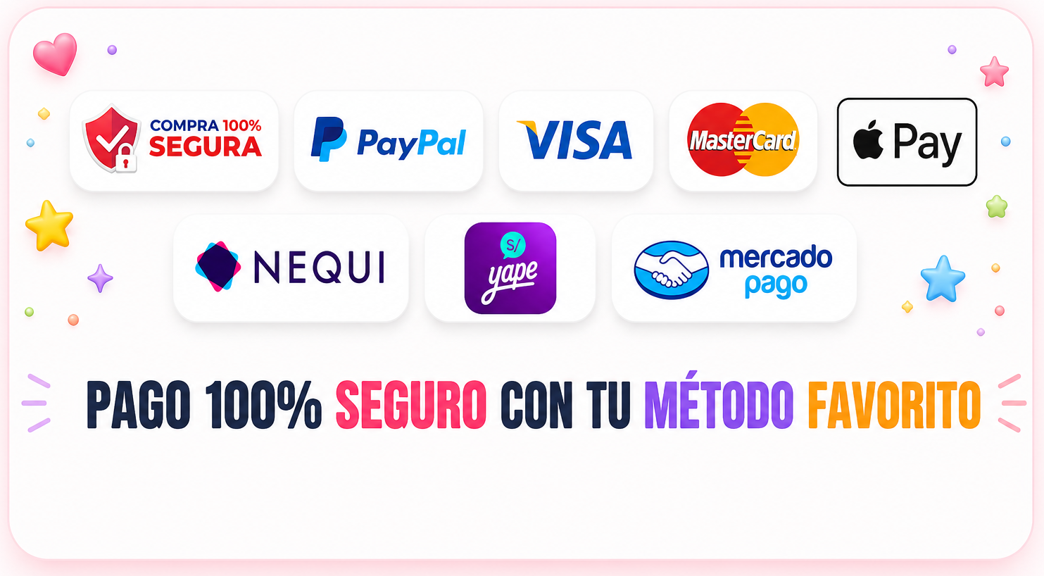Métodos de pago seguros disponibles: PayPal, Visa, MasterCard, Apple Pay, Nequi, Yape y Mercado Pago
