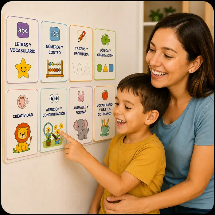 Mamá e hijo señalando tarjetas de actividades del kit