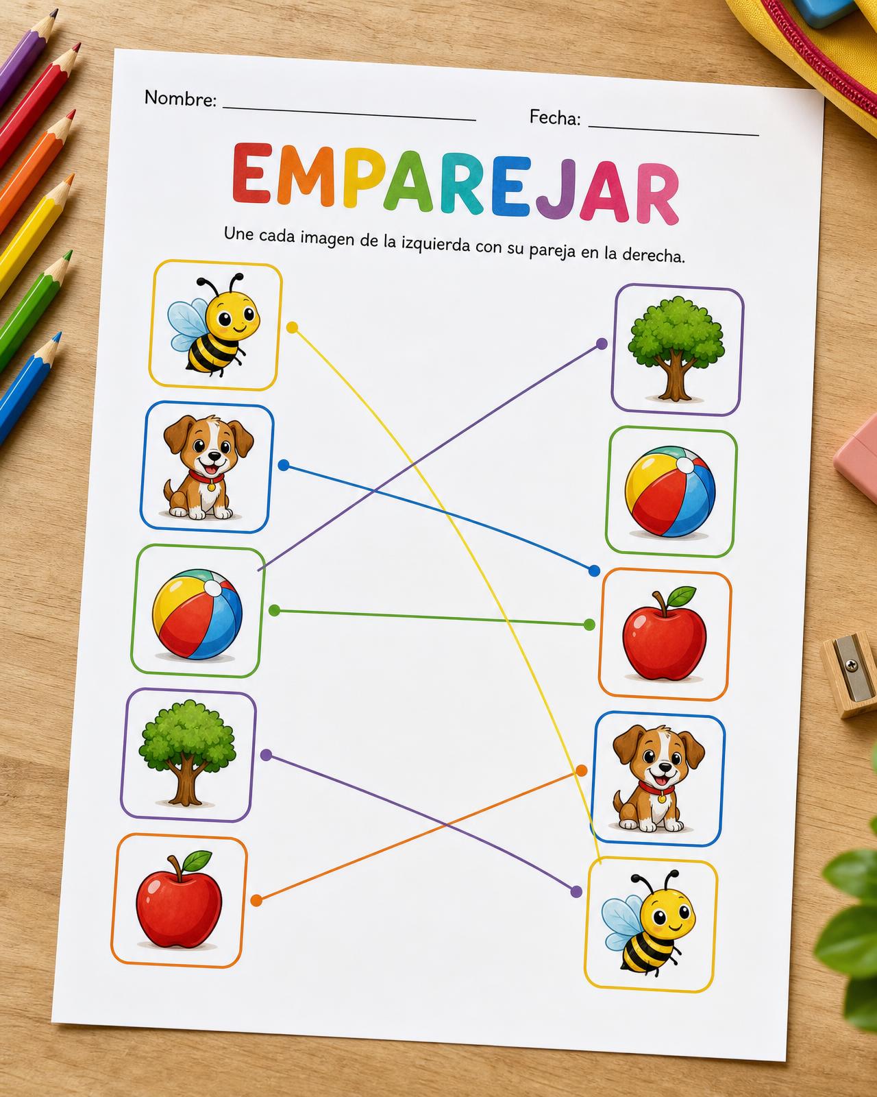 Página para emparejar imágenes iguales con líneas en español