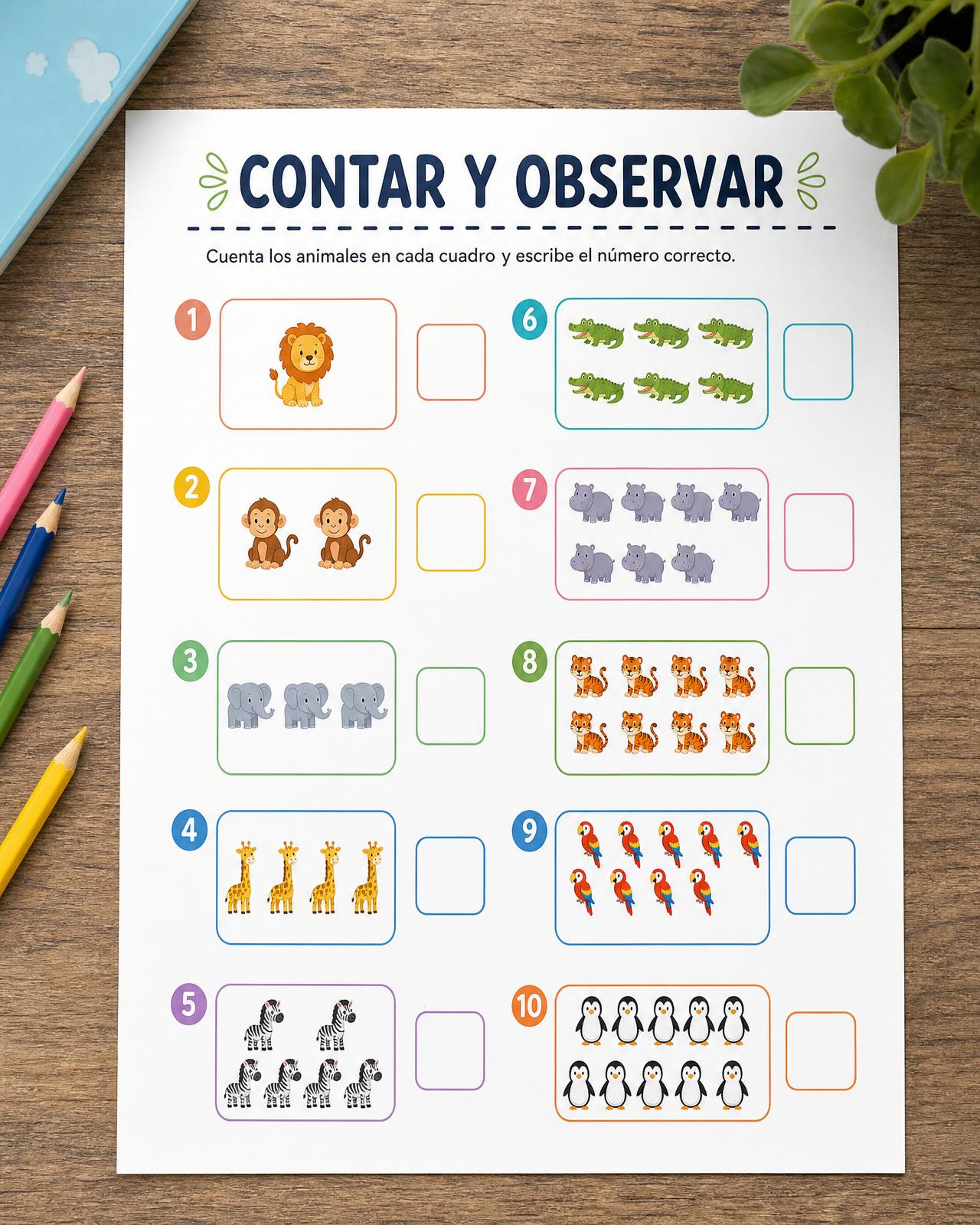 Página de actividades para contar y observar objetos en español