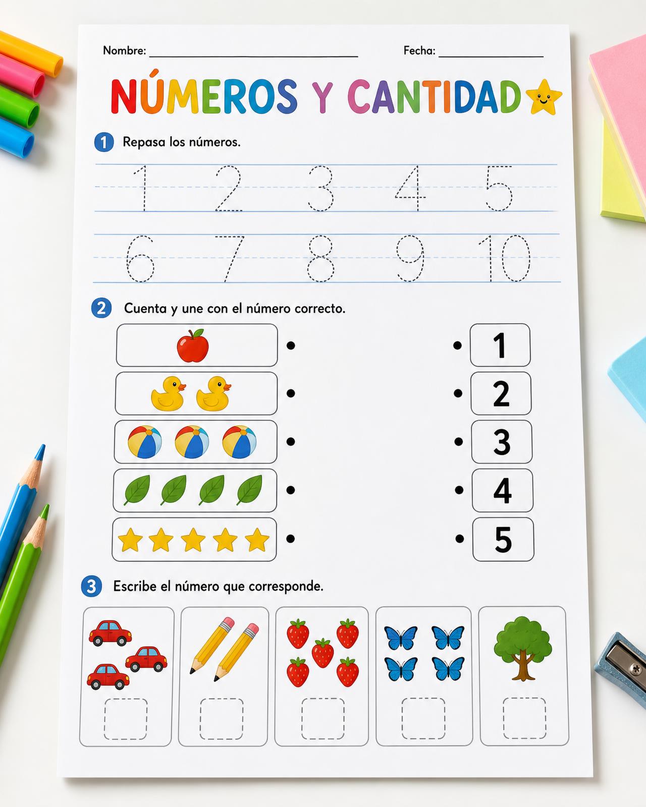 Página de números y cantidad para contar abejas en español