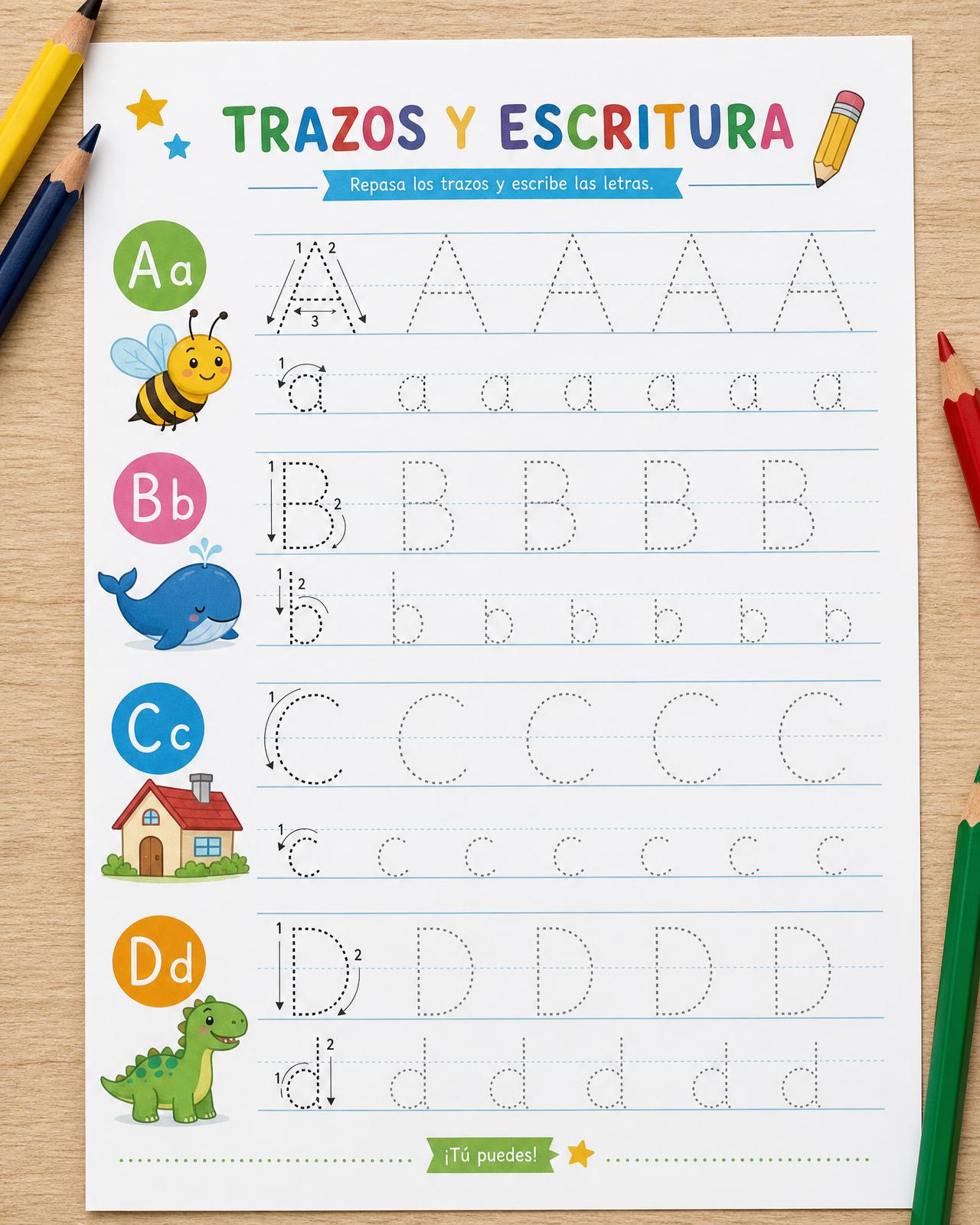 Página de trazos y escritura de la letra A en español