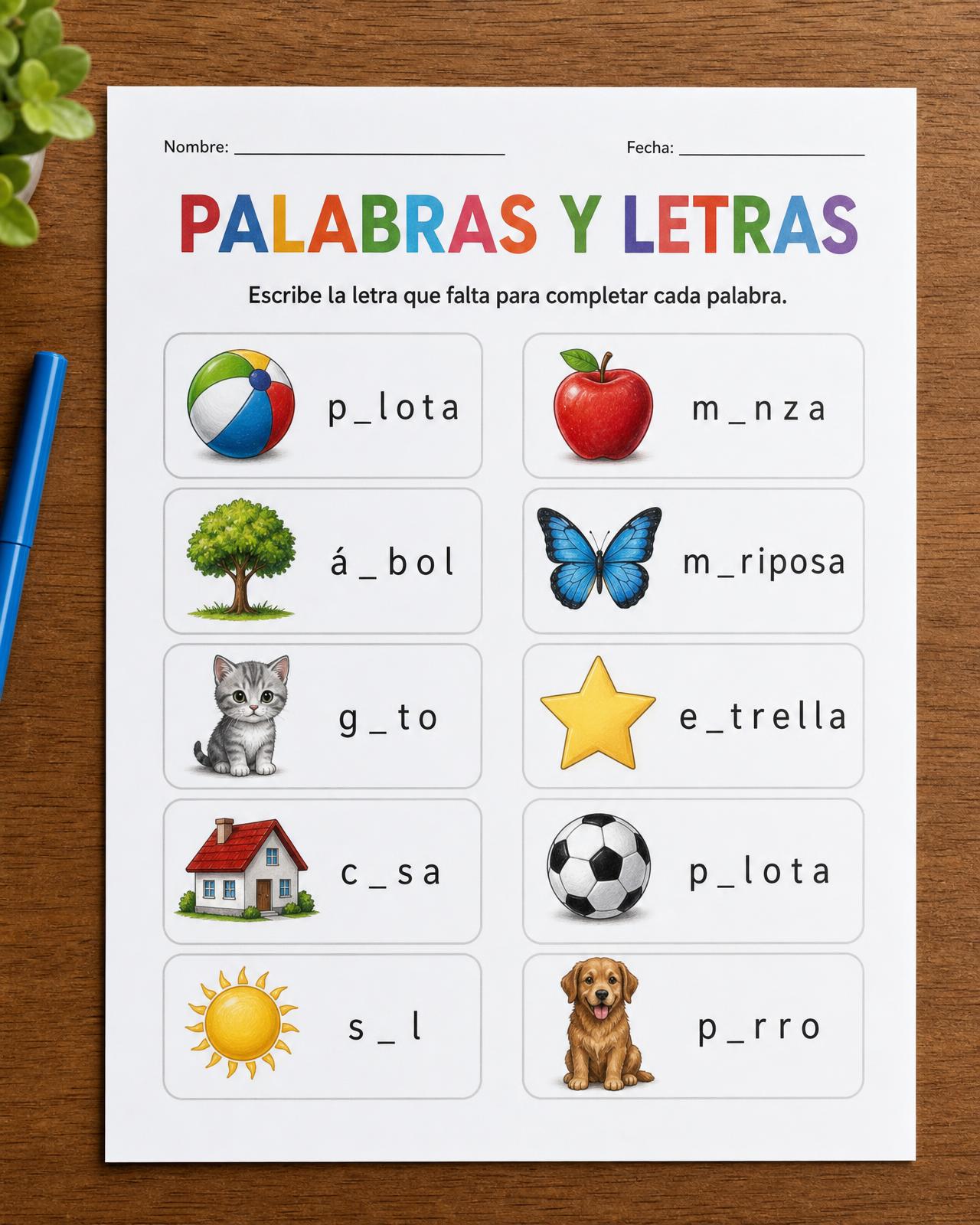 Página de palabras y letras con animales y objetos en español